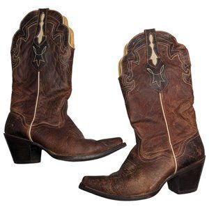 J.B. Dillon Women Brown Goat Leather Snip Toe Block Heel Cowgirl Western Boots 9